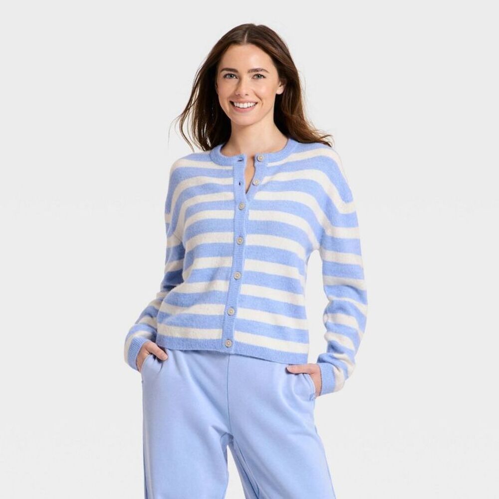 Women's Button-Up Cardigan Sweater - JoyLab Periwinkle Blue/Cream Stripe XS